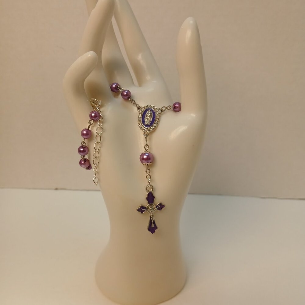 Purple Pearl and Enamel - Rosary for Rearview Mirror - Mini Rosary